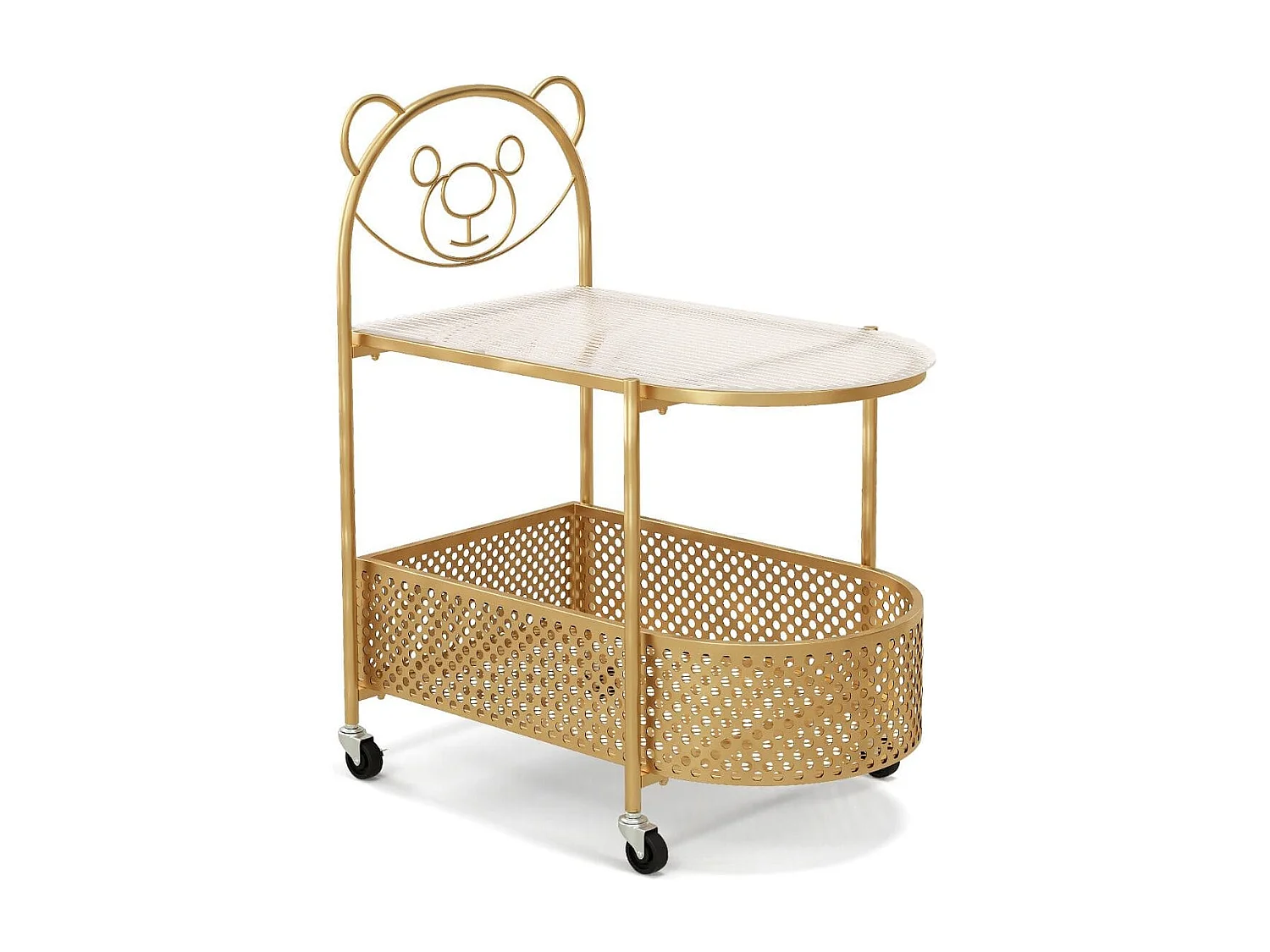 Table Basse Mobile en Verre Table d'Appoint à 2 Niveaux avec Motif Ours Panier de Rangement Cadre en Métal Roulettes Verrouillables Doré