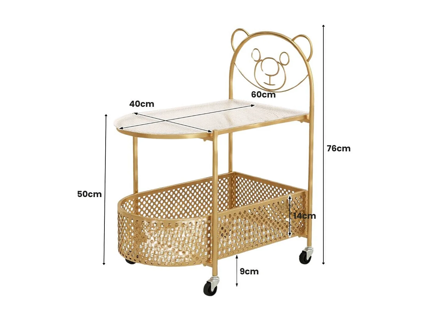 Table Basse Mobile en Verre Table d'Appoint à 2 Niveaux avec Motif Ours Panier de Rangement Cadre en Métal Roulettes Verrouillables Doré