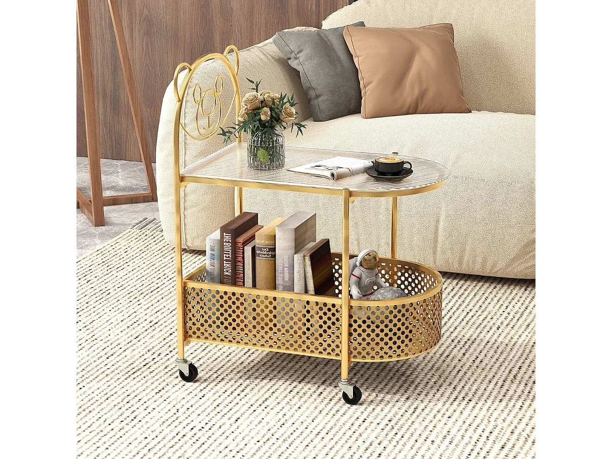 Table Basse Mobile en Verre Table d'Appoint à 2 Niveaux avec Motif Ours Panier de Rangement Cadre en Métal Roulettes Verrouillables Doré