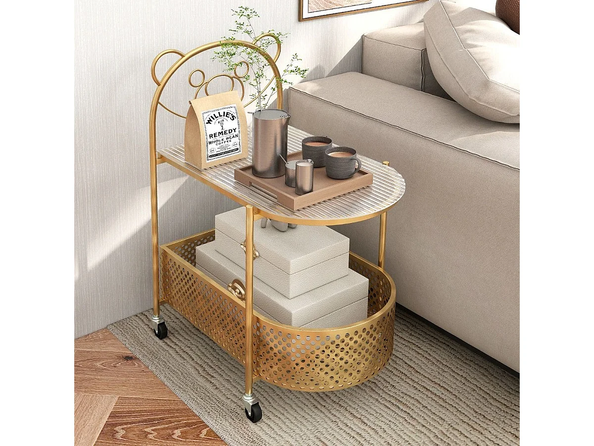 Table Basse Mobile en Verre Table d'Appoint à 2 Niveaux avec Motif Ours Panier de Rangement Cadre en Métal Roulettes Verrouillables Doré