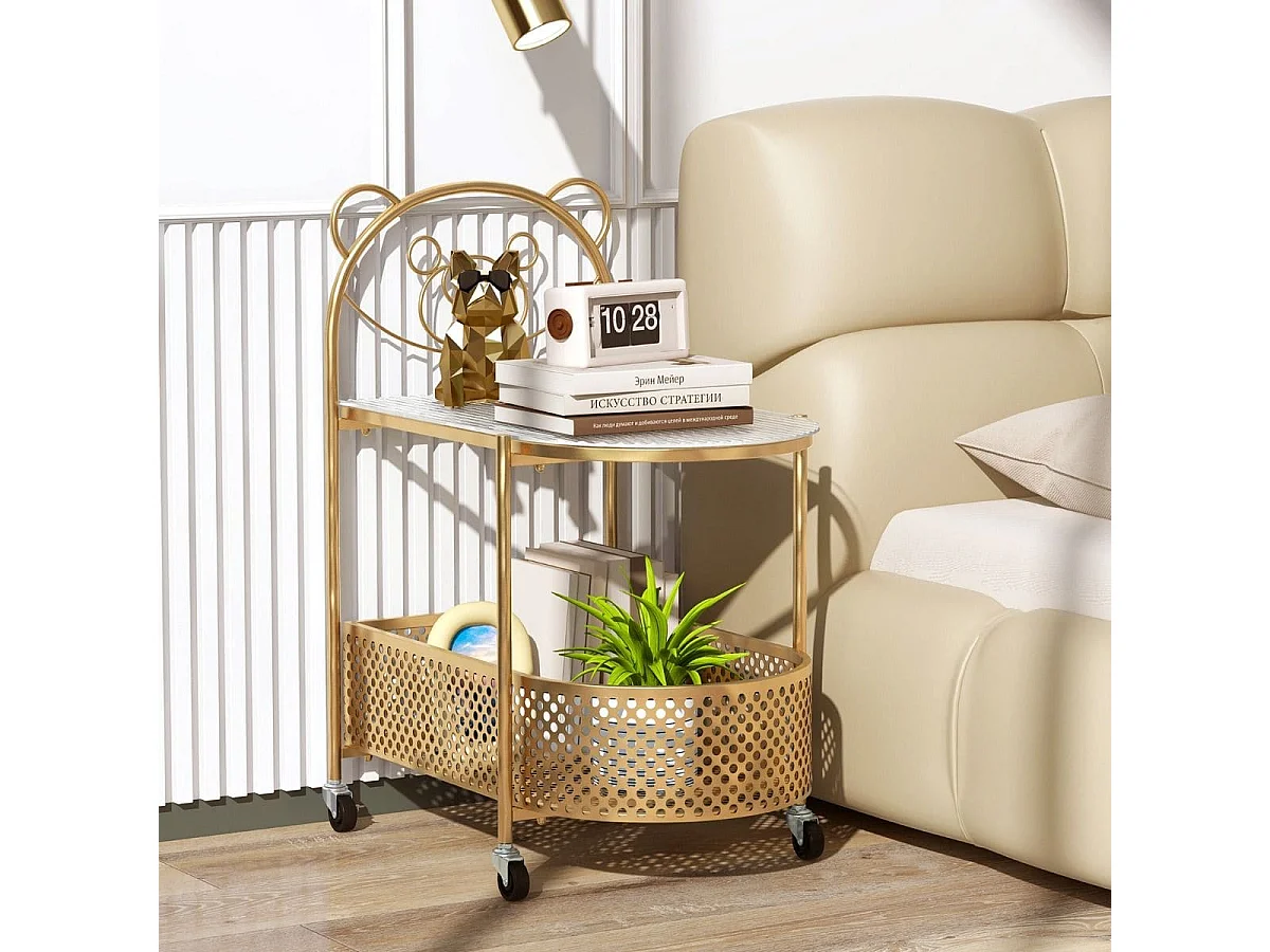 Table Basse Mobile en Verre Table d'Appoint à 2 Niveaux avec Motif Ours Panier de Rangement Cadre en Métal Roulettes Verrouillables Doré