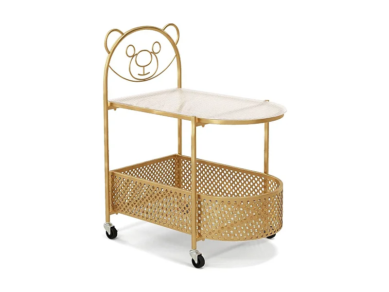 Table Basse Mobile en Verre Table d'Appoint à 2 Niveaux avec Motif Ours Panier de Rangement Cadre en Métal Roulettes Verrouillables Doré