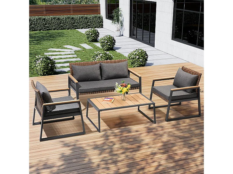 Set Salotto da Giardino Salottino Poltrone e Tavolo da Esterno e Cuscini Grigio