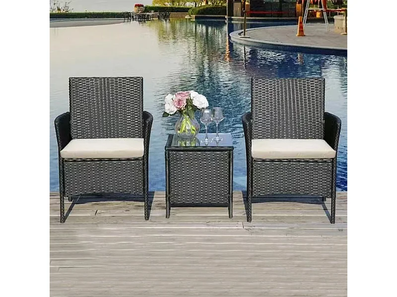 Set da Giardino Grigio Scuro 2 Poltrone 1 Tavolino Rattan Esterno Cuscini Beige