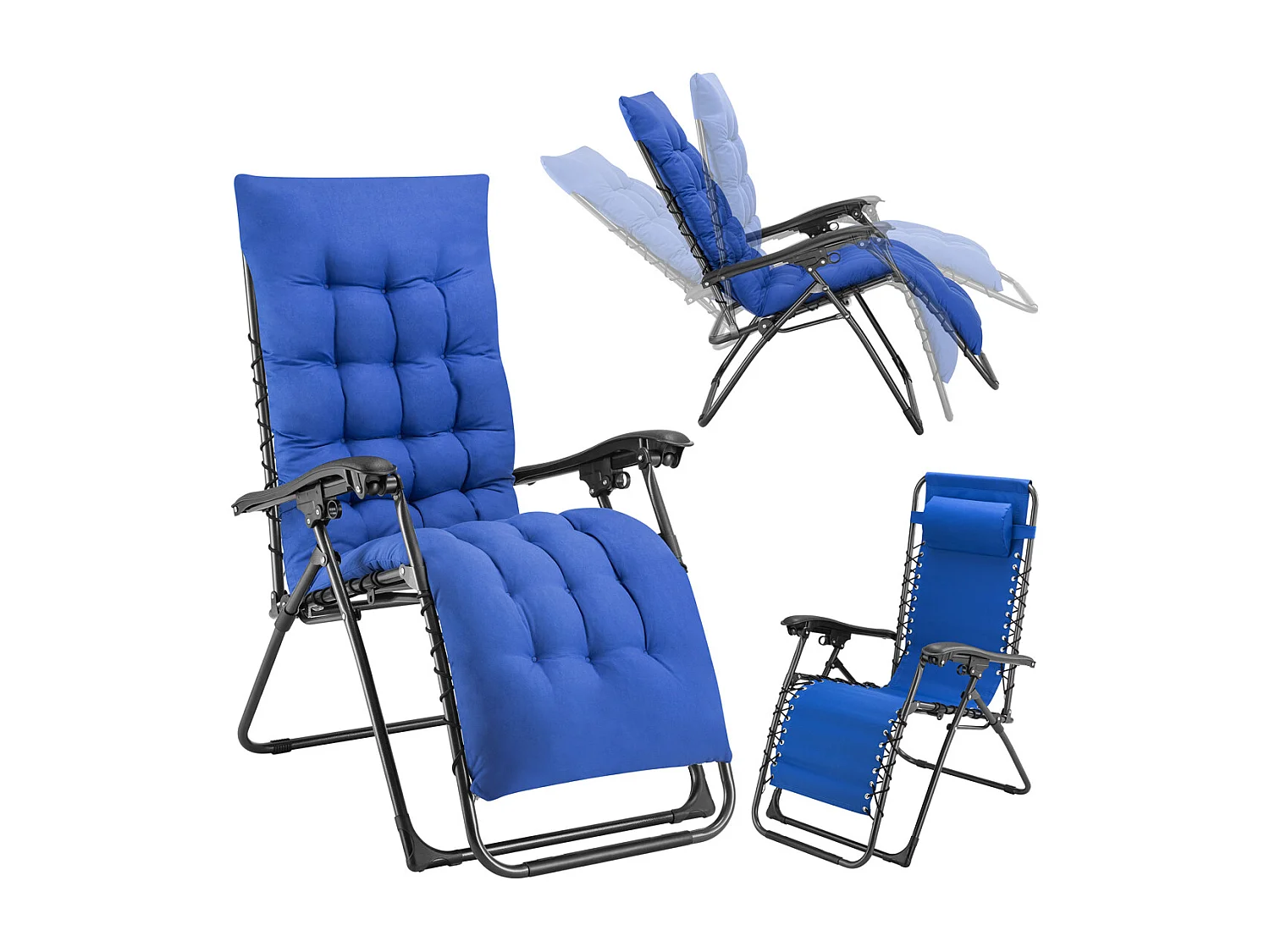 Poltrona da Giardino con Cuscino Imbottito Struttura Acciaio Pieghevole Blu Relax