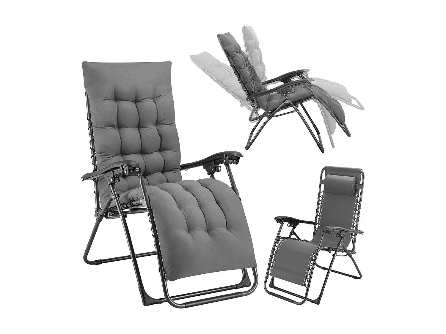 Poltrona da Giardino con Cuscino Imbottito Struttura Acciaio Pieghevole Grigio Relax