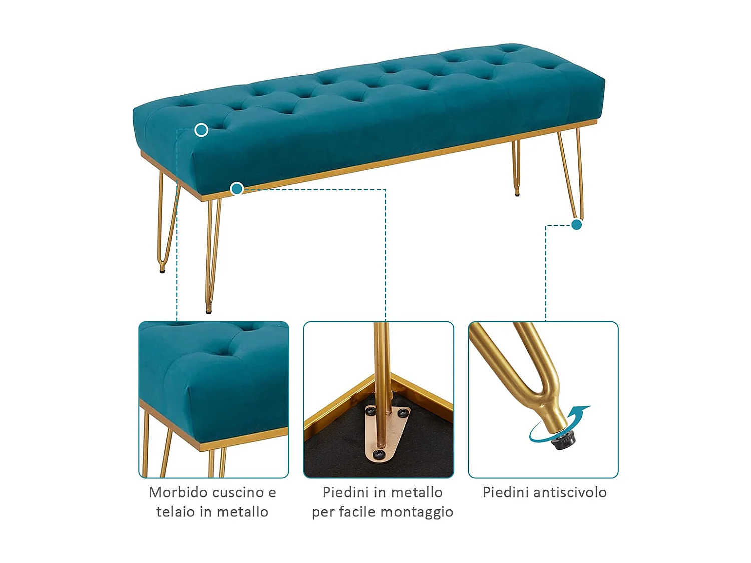 Panca Panchina in Tessuto Blu Ingresso Camera da Letto Cassapanca Pouf Ottomana