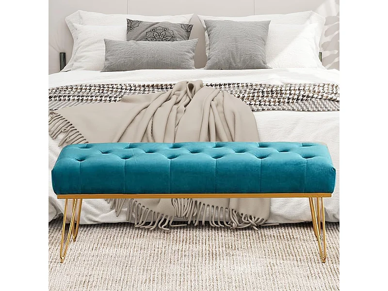 Panca Panchina in Tessuto Blu Ingresso Camera da Letto Cassapanca Pouf Ottomana