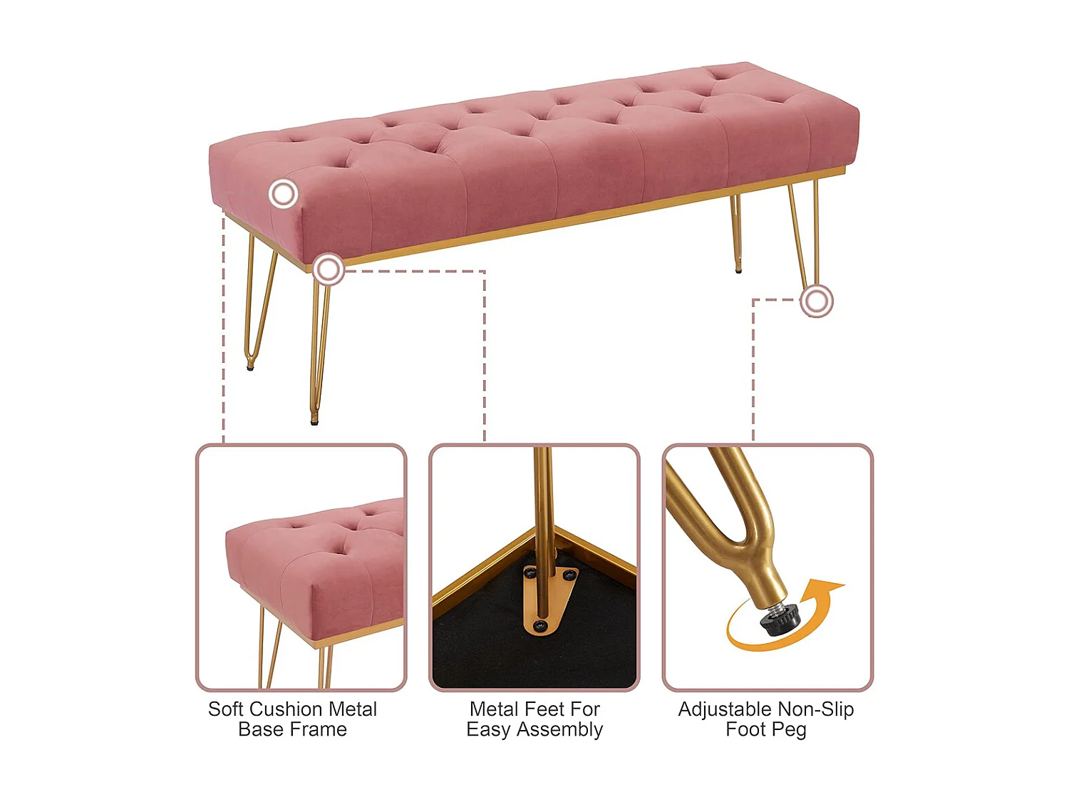 Panca Panchina in Tessuto Rosa Ingresso Camera da Letto Cassapanca Pouf Ottomana