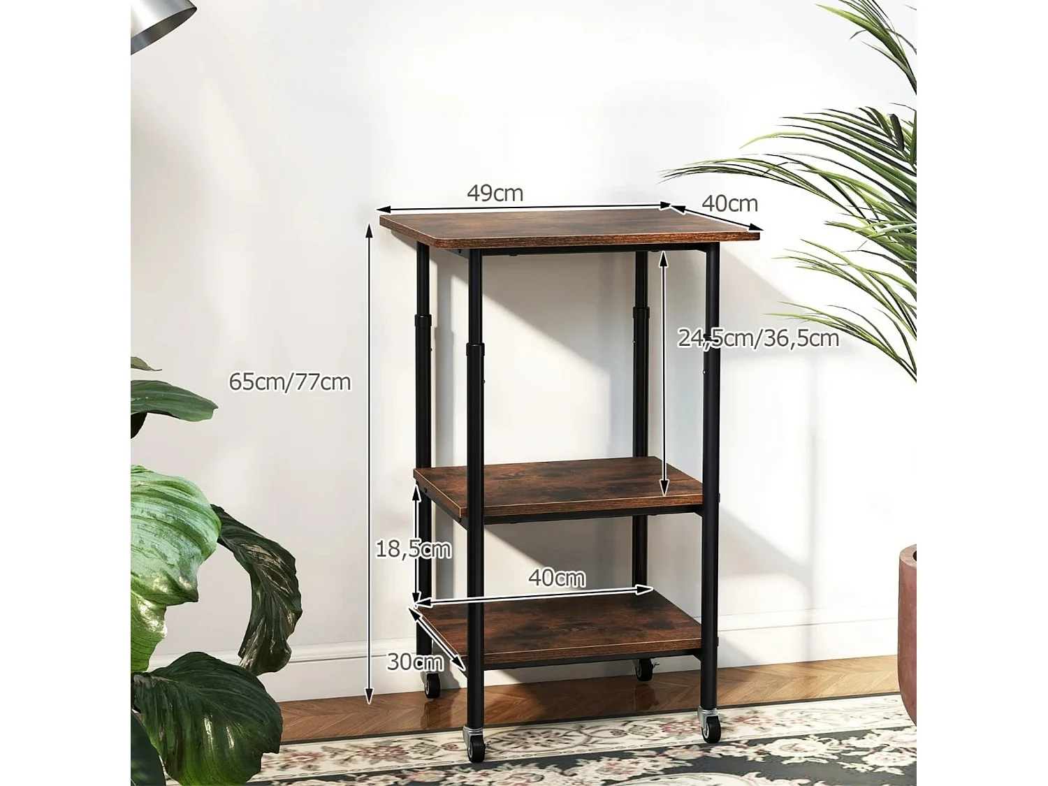 Support d'imprimante réglable en hauteur à 3 niveaux avec tablettes & roulettes Chariot d'impression Marron