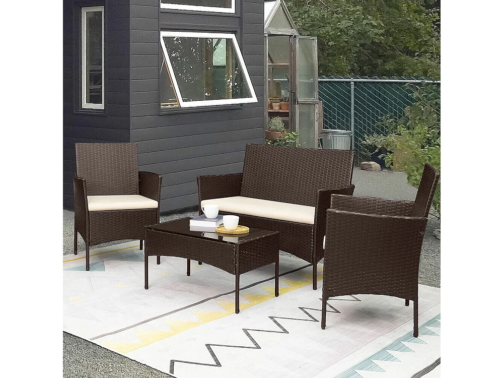 Set Salotto Completo Divano Poltrone Tavolino in Rattan Arredo Giardino Marrone