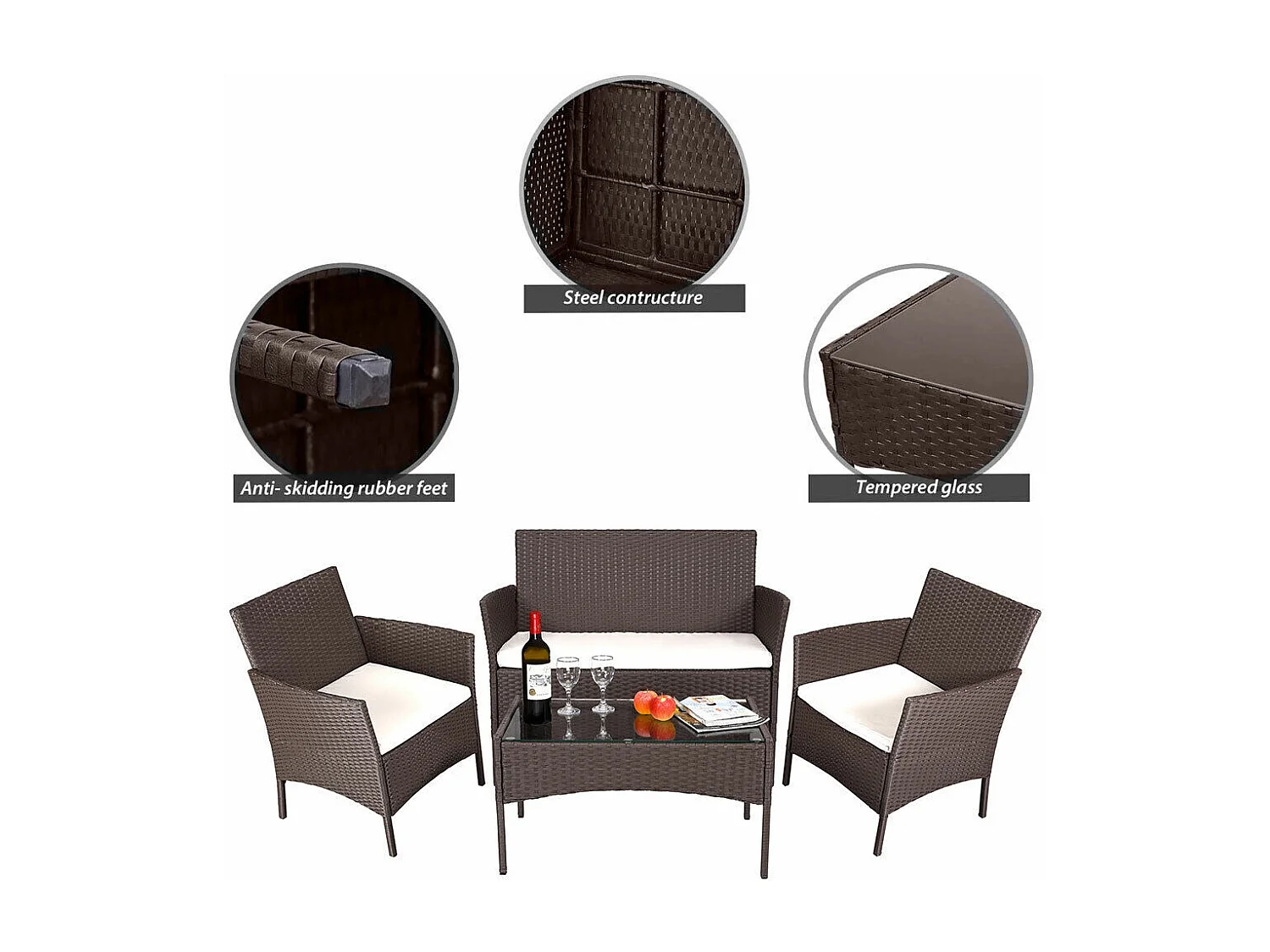 Set Salotto Completo Divano Poltrone Tavolino in Rattan Arredo Giardino Marrone