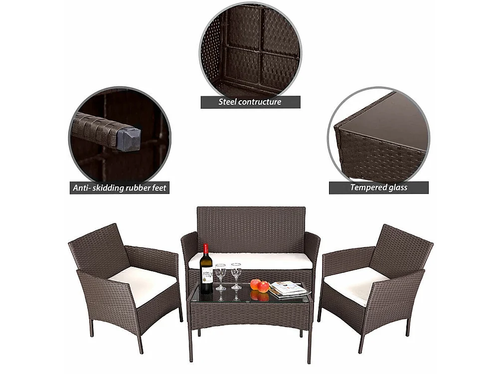 Set Salotto Completo Divano Poltrone Tavolino in Rattan Arredo Giardino Marrone