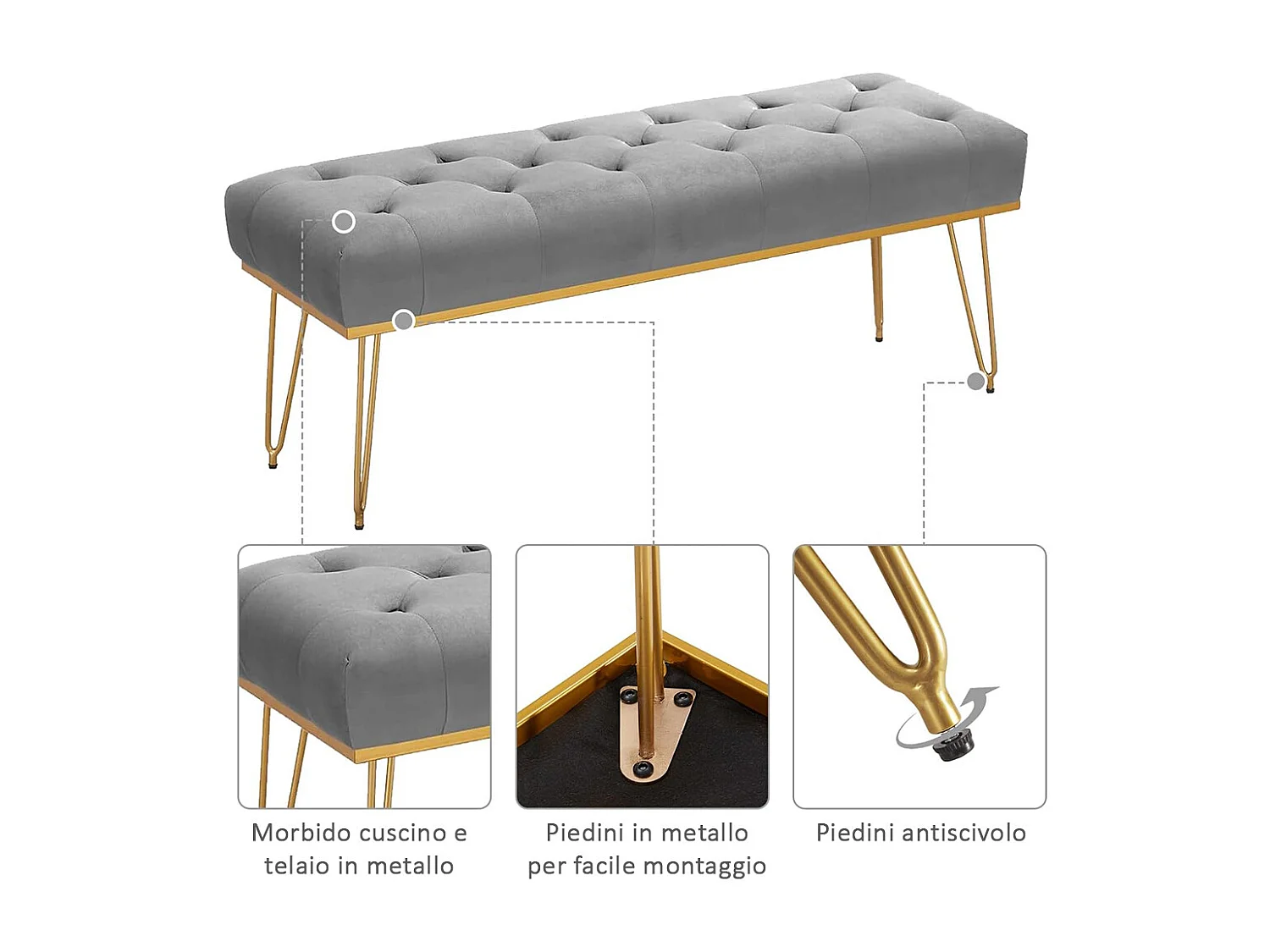 Panca Panchina Tessuto Grigio Ingresso Camera da Letto Cassapanca Pouf Ottomana