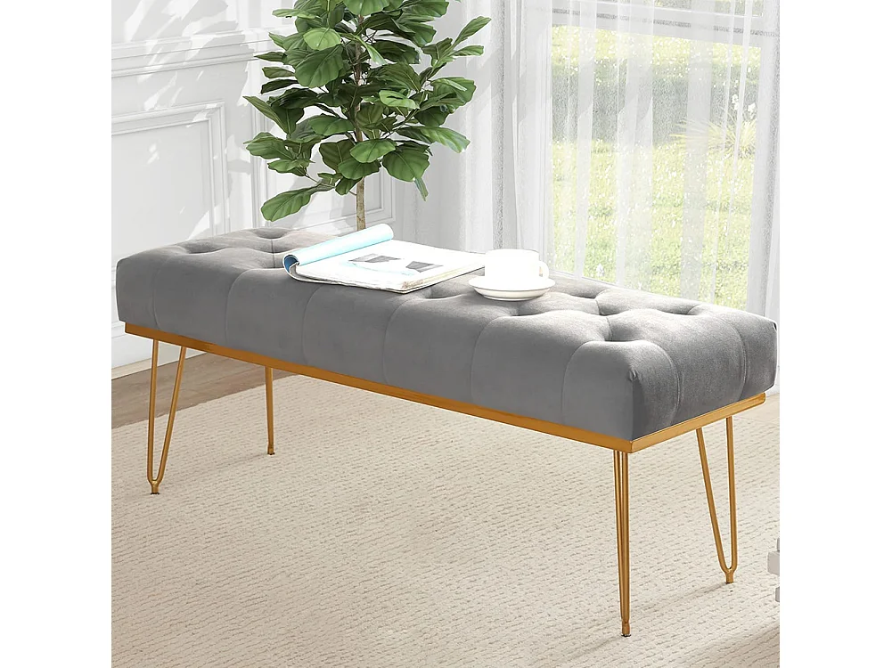 Panca Panchina Tessuto Grigio Ingresso Camera da Letto Cassapanca Pouf Ottomana