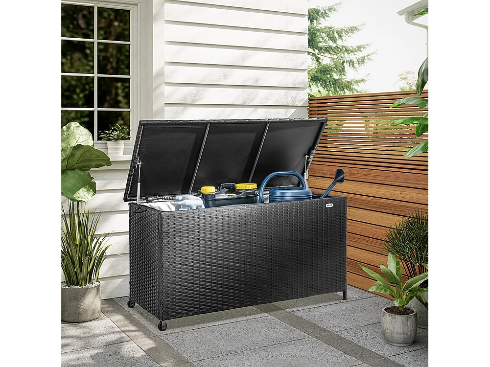 Baule Portaoggetti da Giardino Cassapanca Polyrattan Impermeabile 2 Ruote Nero