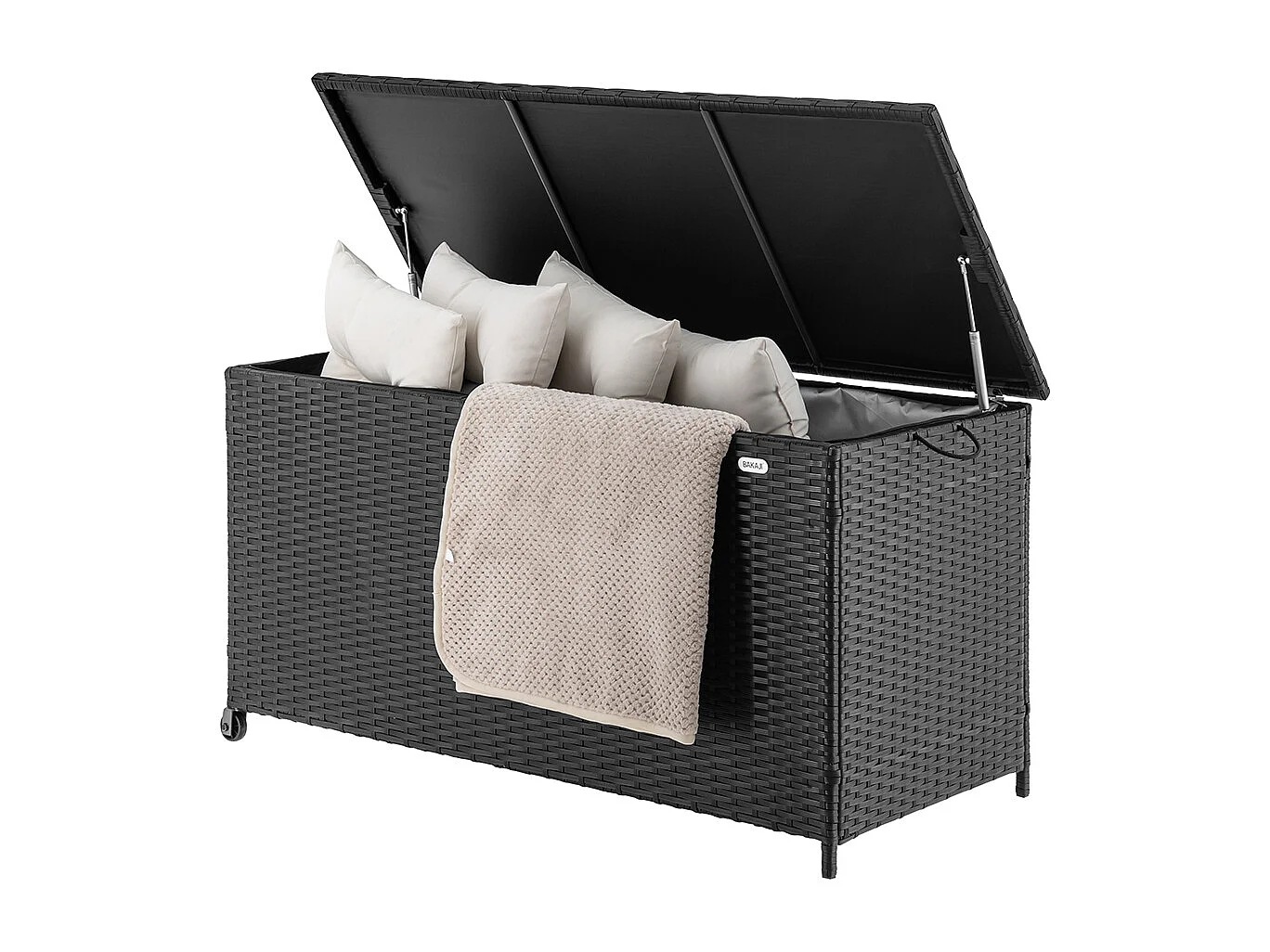 Baule Portaoggetti da Giardino Cassapanca Polyrattan Impermeabile 2 Ruote Nero