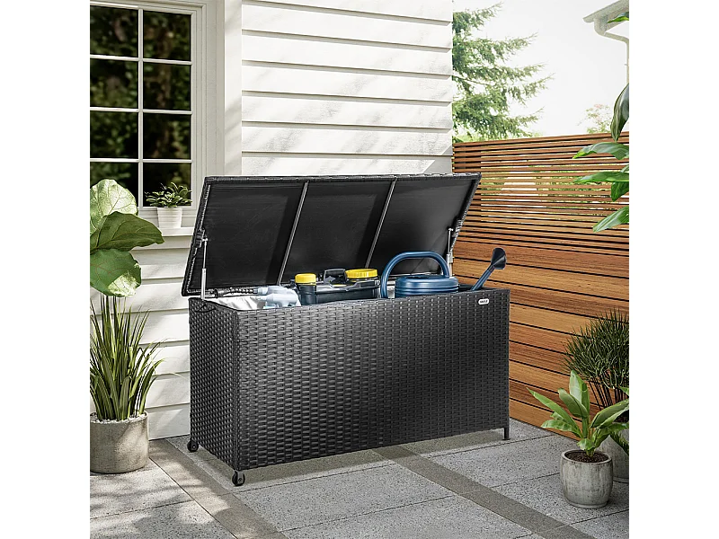 Baule Portaoggetti da Giardino Cassapanca Polyrattan Impermeabile 2 Ruote Nero