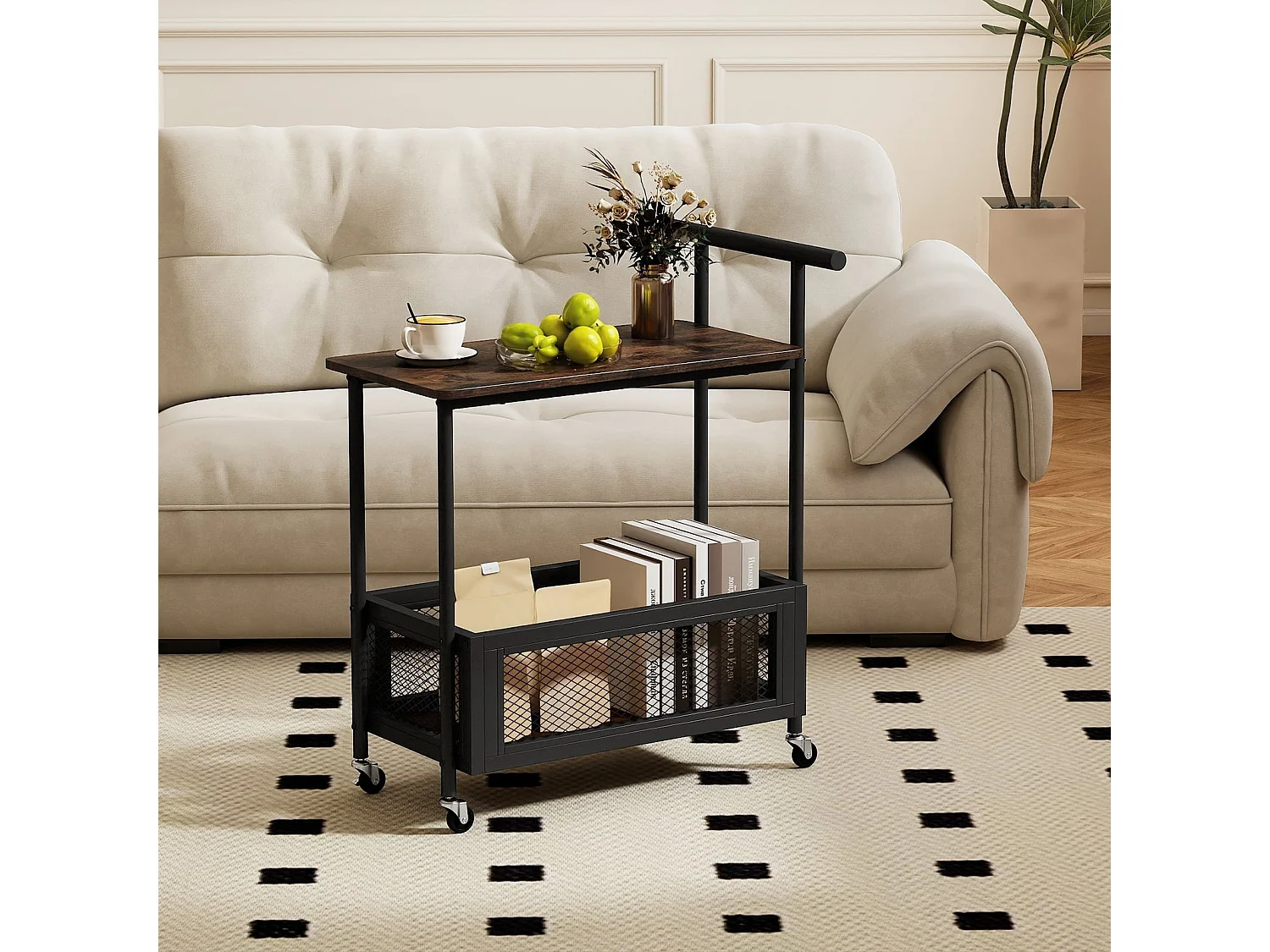 Table d'Appoint Roulante avec Poignée Table Canapé à 2 Niveaux avec Étagère Ouverte&Panier en Maille Chariot de Rangement Polyvalent Marron