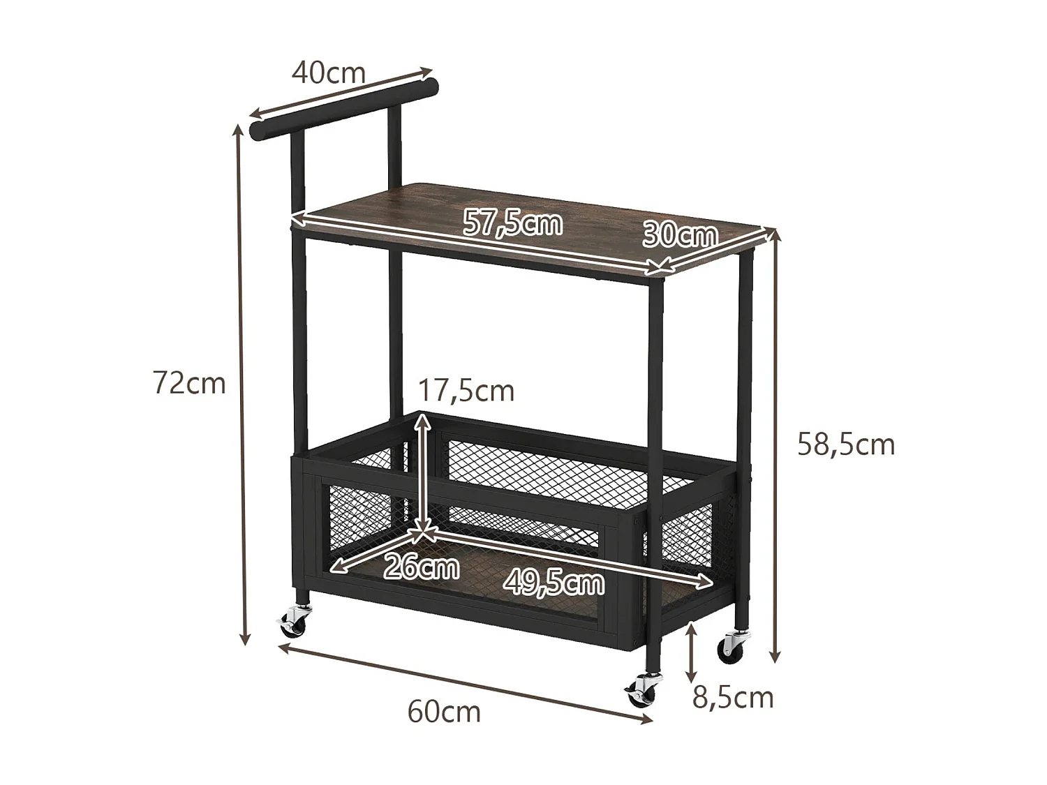 Table d'Appoint Roulante avec Poignée Table Canapé à 2 Niveaux avec Étagère Ouverte&Panier en Maille Chariot de Rangement Polyvalent Marron