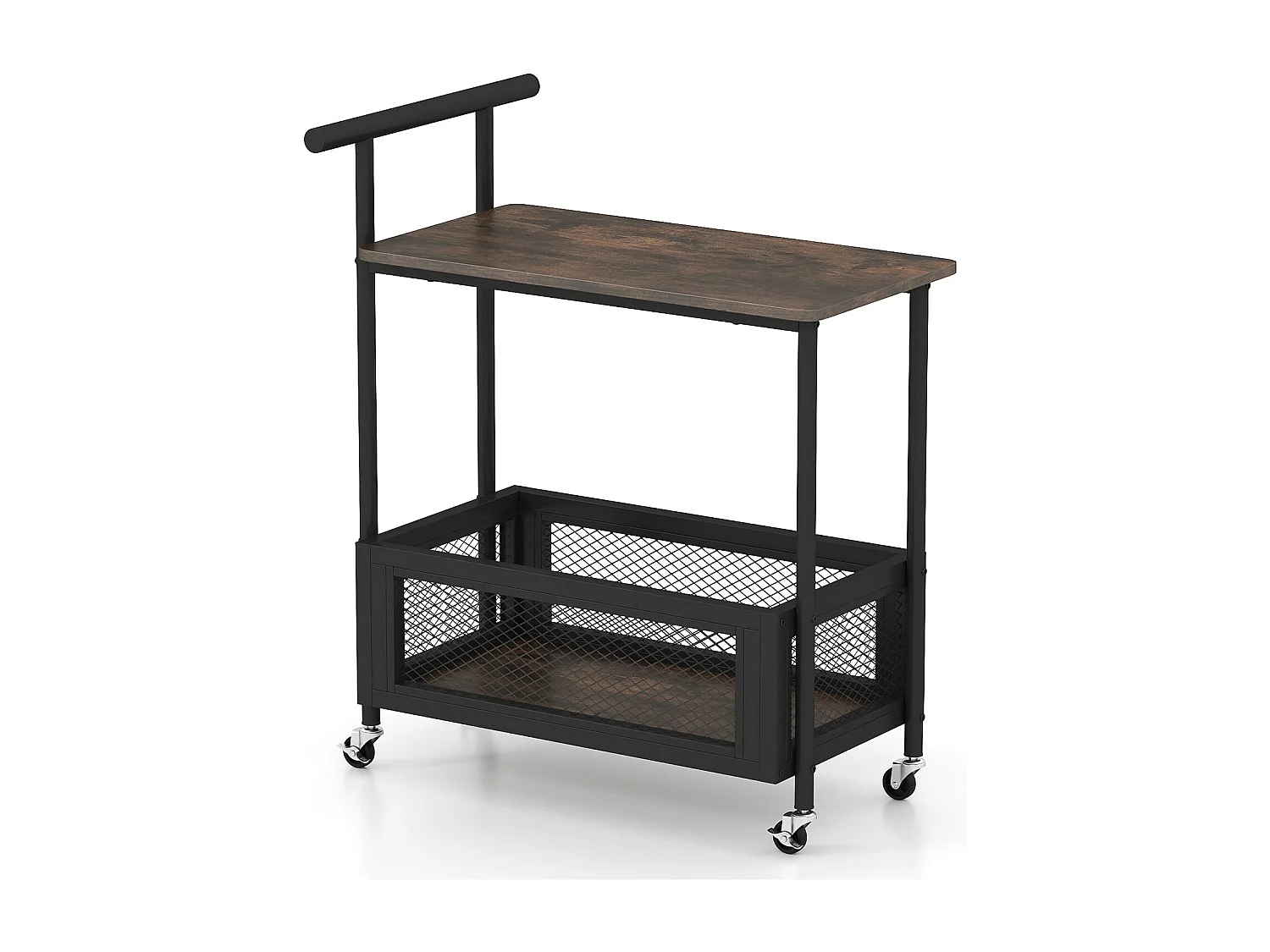 Table d'Appoint Roulante avec Poignée Table Canapé à 2 Niveaux avec Étagère Ouverte&Panier en Maille Chariot de Rangement Polyvalent Marron