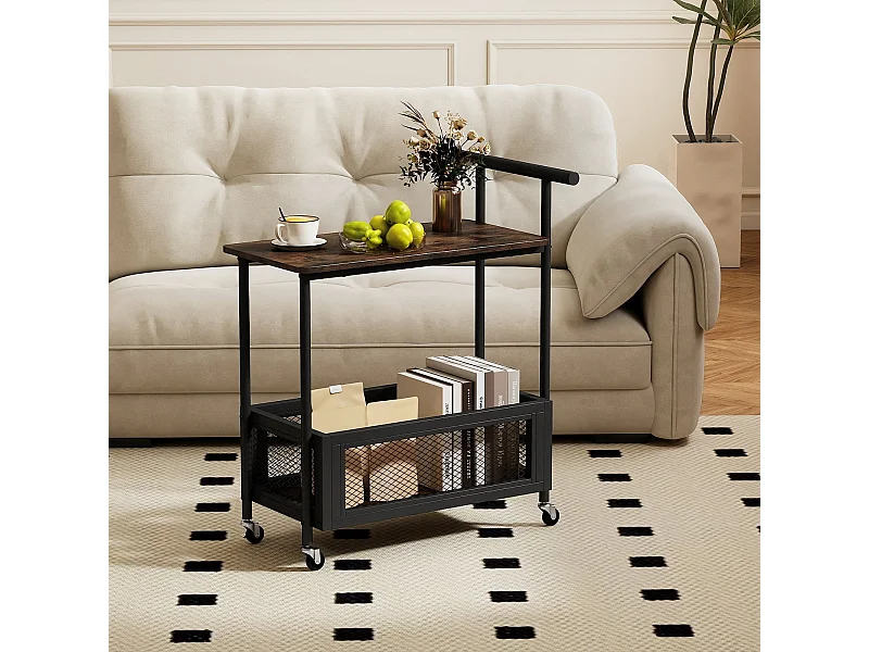 Table d'Appoint Roulante avec Poignée Table Canapé à 2 Niveaux avec Étagère Ouverte&Panier en Maille Chariot de Rangement Polyvalent Marron