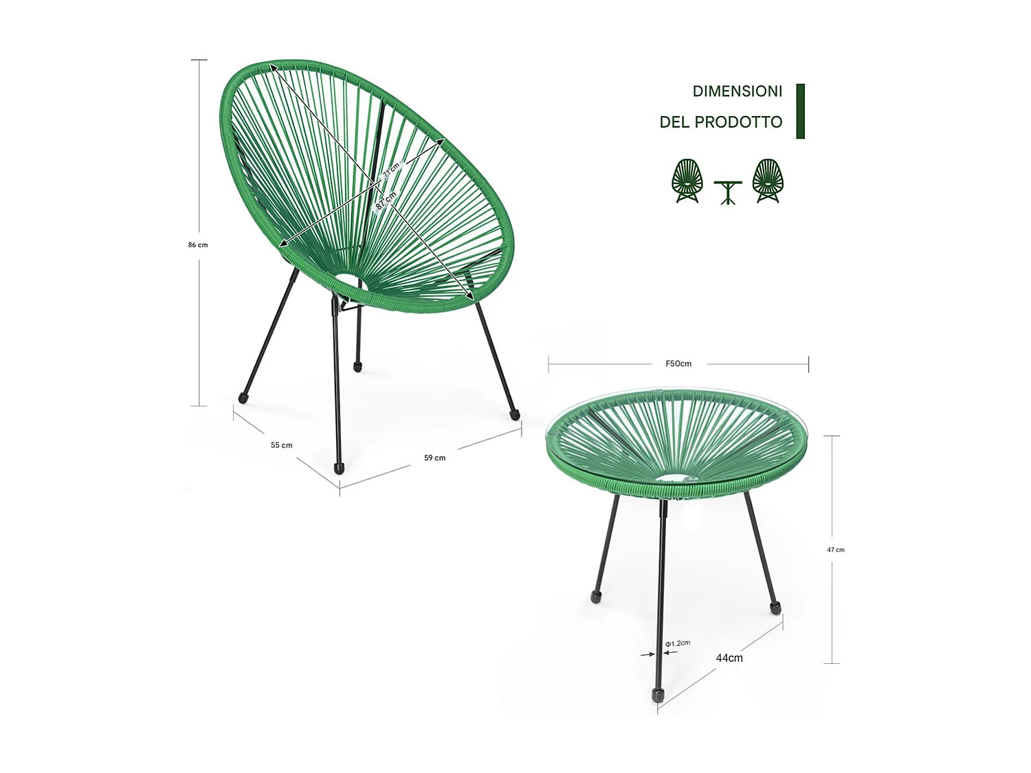Set Patio in Polyrattan con 2 Sedie e 1 Tavolo per Giardino Esterno Verde Menta