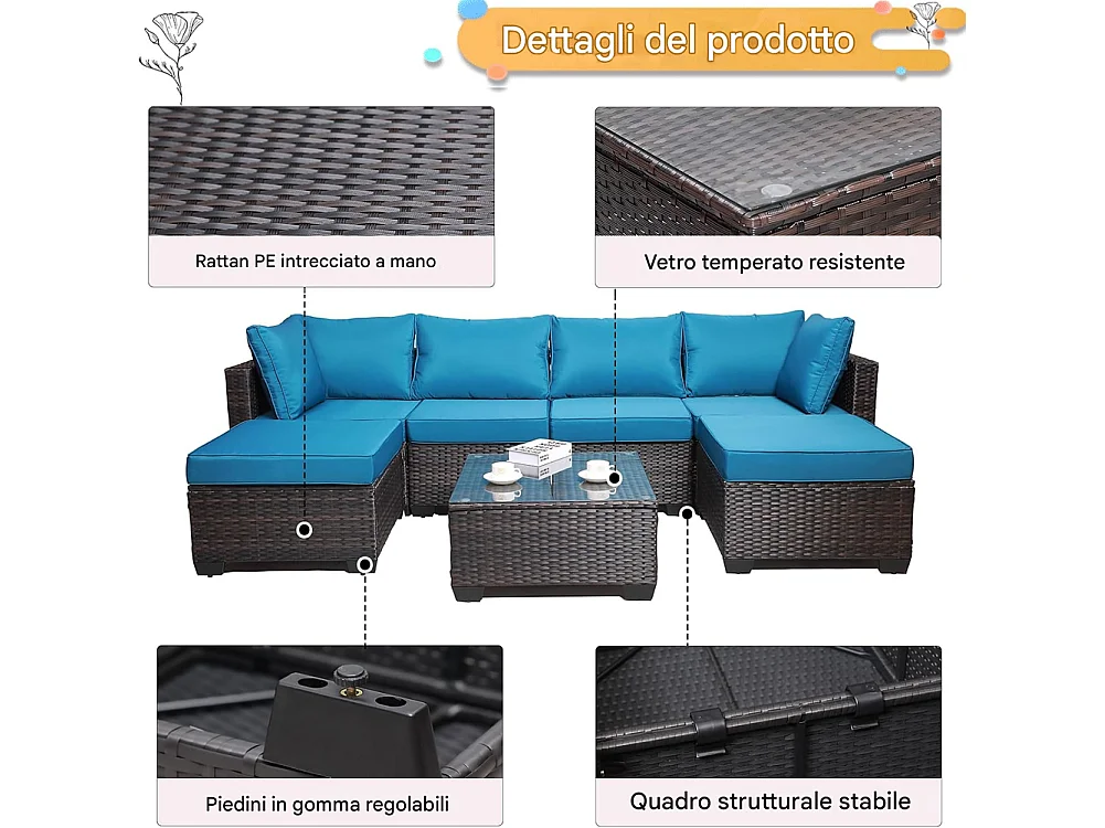 Set Patio Divano Modulabile da Esterno in Polyrattan con Cuscini Blu da Giardino