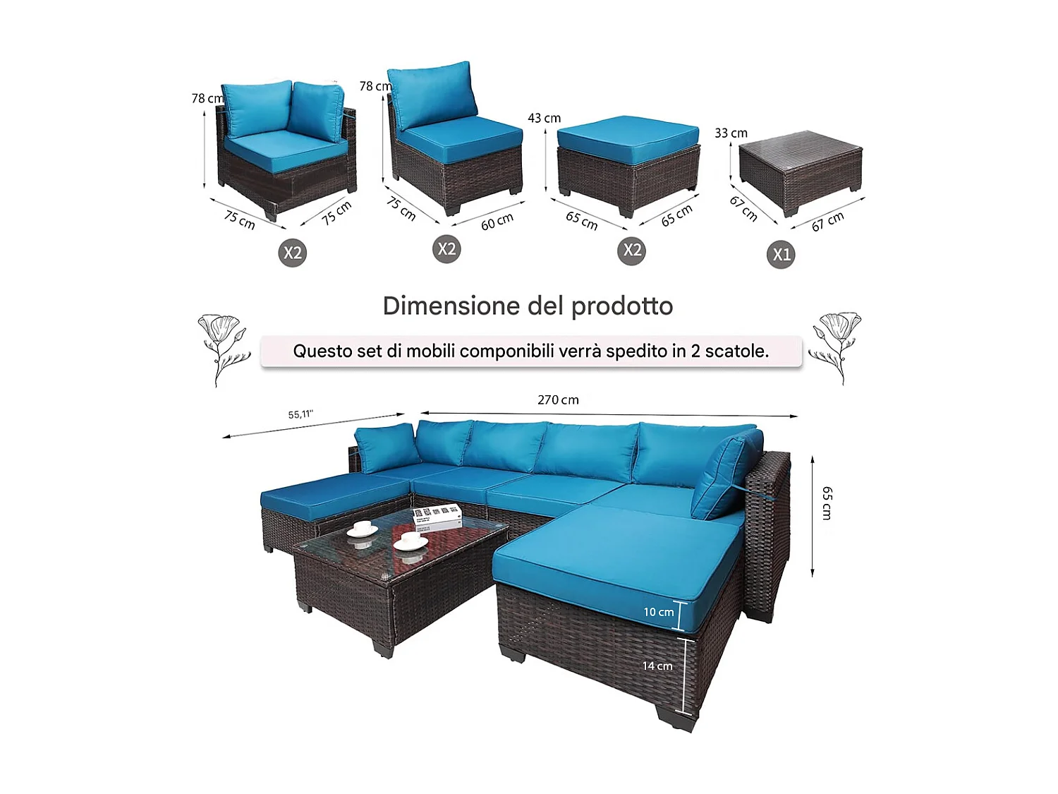 Set Patio Divano Modulabile da Esterno in Polyrattan con Cuscini Blu da Giardino