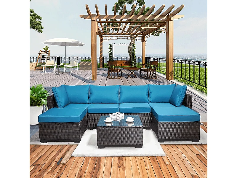 Set Patio Divano Modulabile da Esterno in Polyrattan con Cuscini Blu da Giardino
