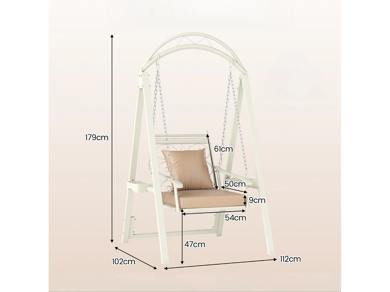 Balançoire d'Extérieur avec Cadre Balançoire de Terrasse avec Coussins et Tables Latérales pour Jardin Blanc