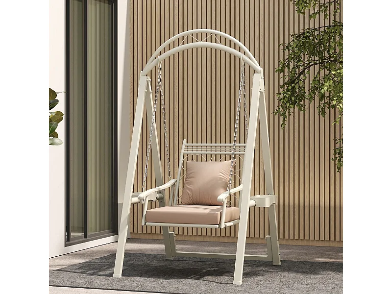 Outdoor-Schaukel mit Gestell Terrassenschaukel mit Kissen & Seitentischen für Garten Weiß