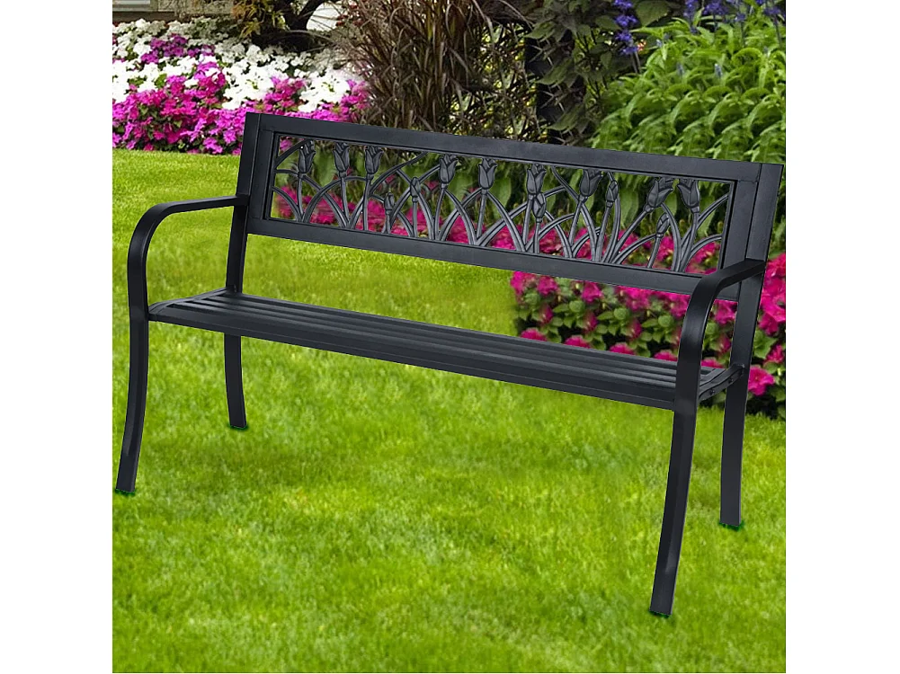 Panchina da Esterno Panca Giardino in Ferro con Schienale Decorazione Tulipani