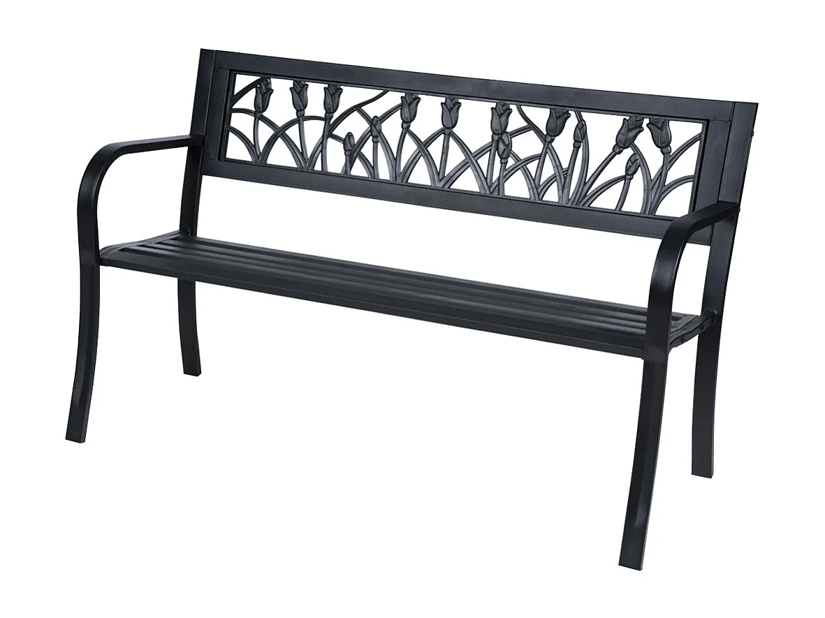 Panchina da Esterno Panca Giardino in Ferro con Schienale Decorazione Tulipani