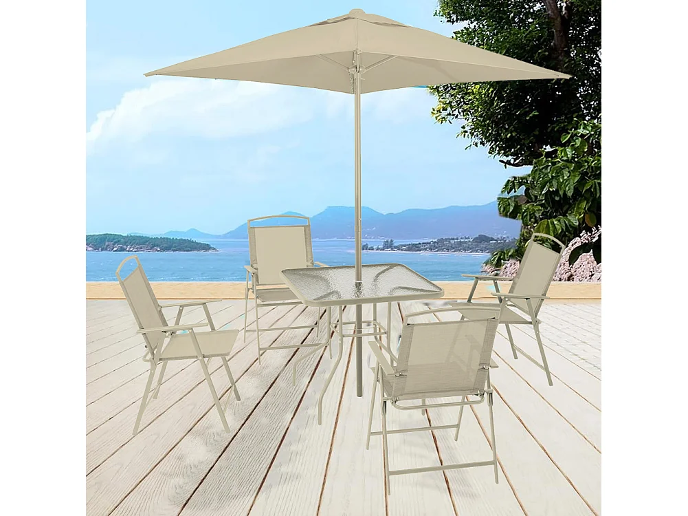 Set da Pranzo 6 Pezzi per Giardino Patio con Ombrellone 4 Sedie Pieghevoli Sabbia
