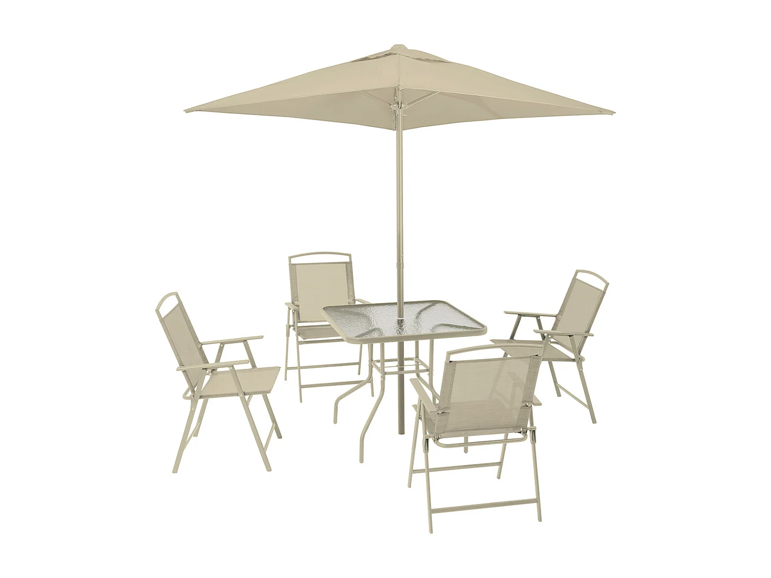 Set da Pranzo 6 Pezzi per Giardino Patio con Ombrellone 4 Sedie Pieghevoli Sabbia