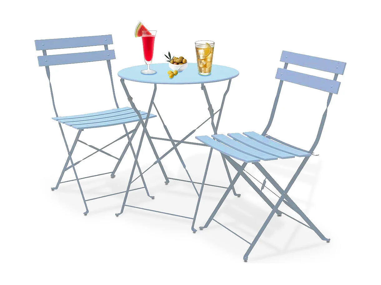 Set 3 Pezzi Giardino Tavolo 2 Sedie da Bistrot Pieghevole Modello Parigi Azzurro