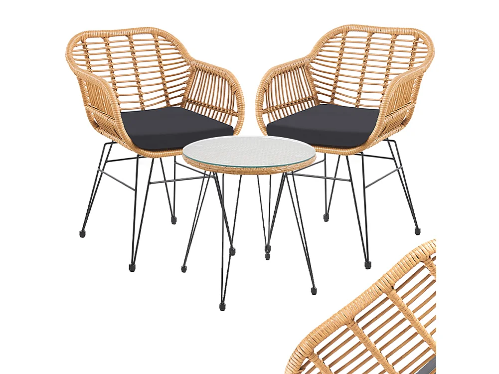 Set Arredo Giardino in Rattan con Tavolino Ripiano in Vetro e 2 Sedie da Esterno
