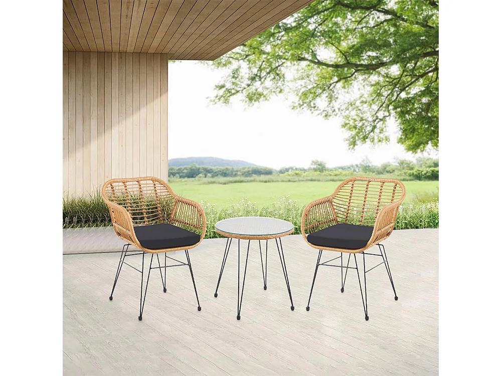 Set Arredo Giardino in Rattan con Tavolino Ripiano in Vetro e 2 Sedie da Esterno