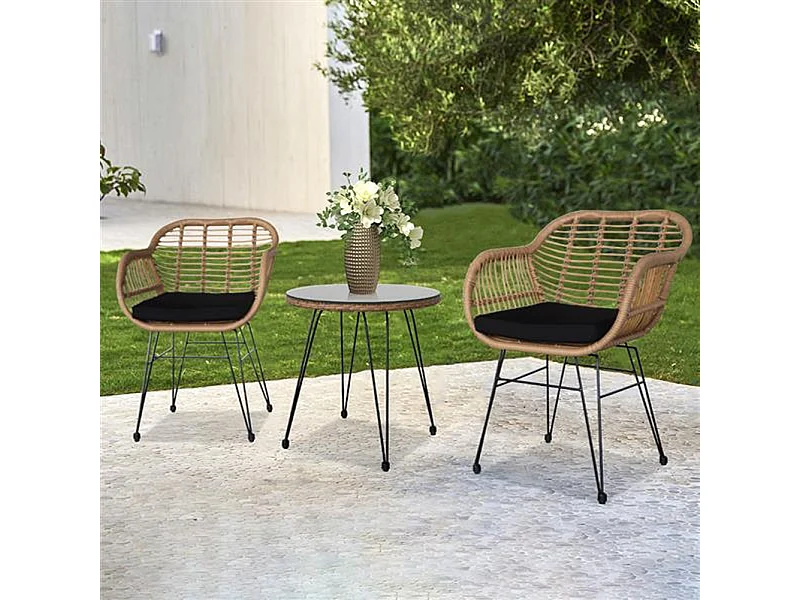 Set Arredo Giardino in Rattan con Tavolino Ripiano in Vetro e 2 Sedie da Esterno