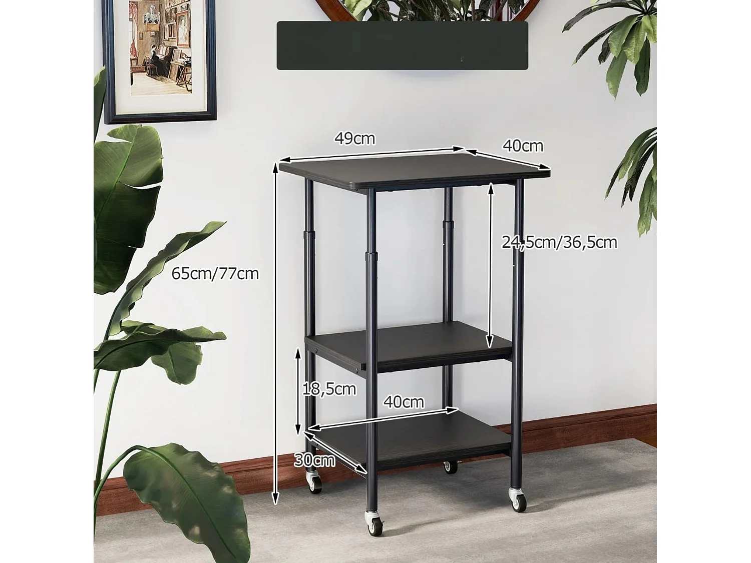 Supporto per stampante regolabile in altezza a 3 livelli con ripiani e rotelle Carrello per stampante nero