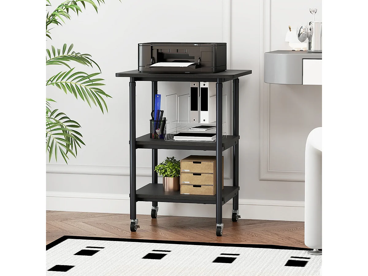 Supporto per stampante regolabile in altezza a 3 livelli con ripiani e rotelle Carrello per stampante nero