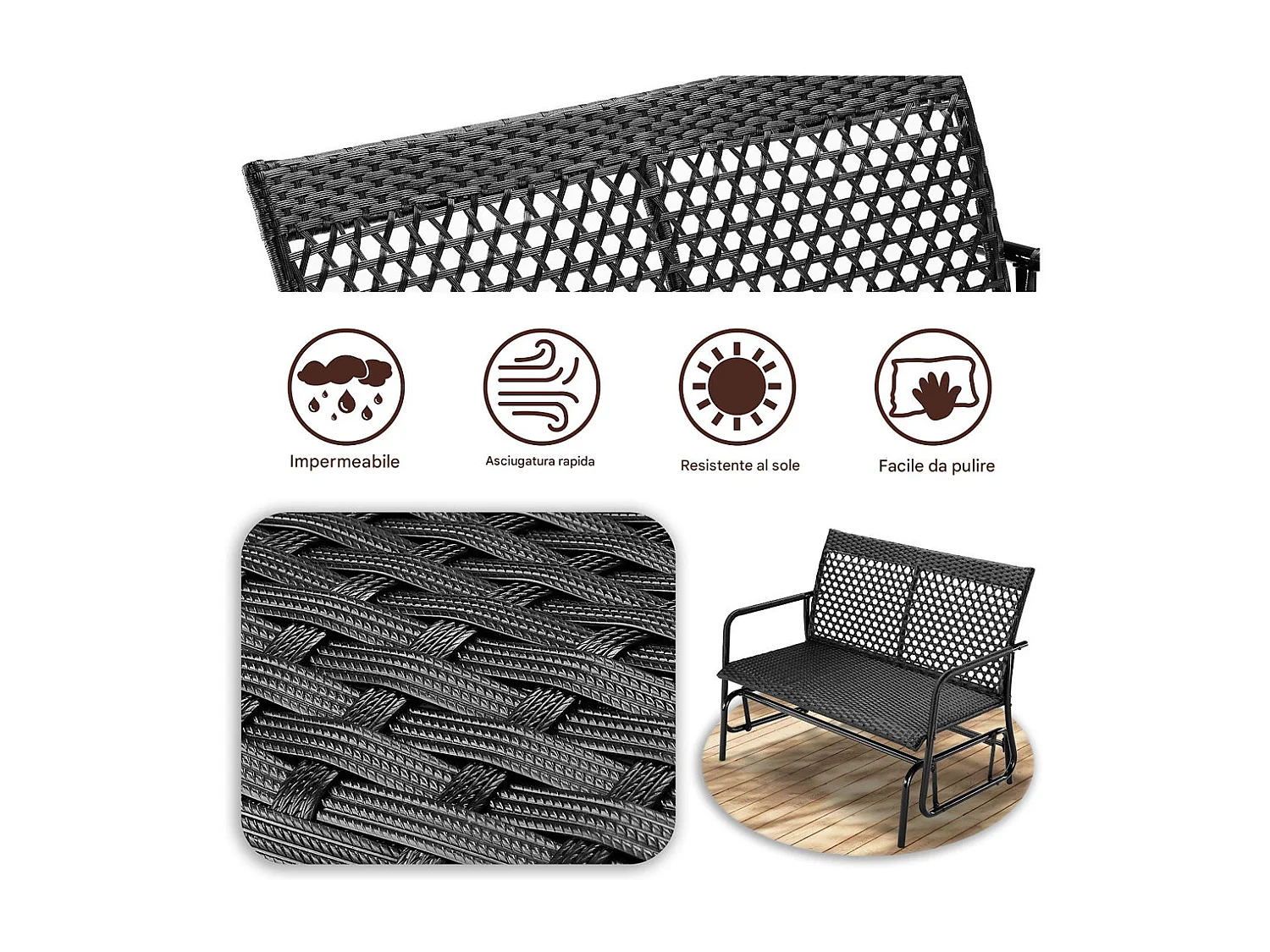 Panchina a Dondolo in Rattan Sedia 2 Posti Esterno Divanetto Giardino Ergonomico