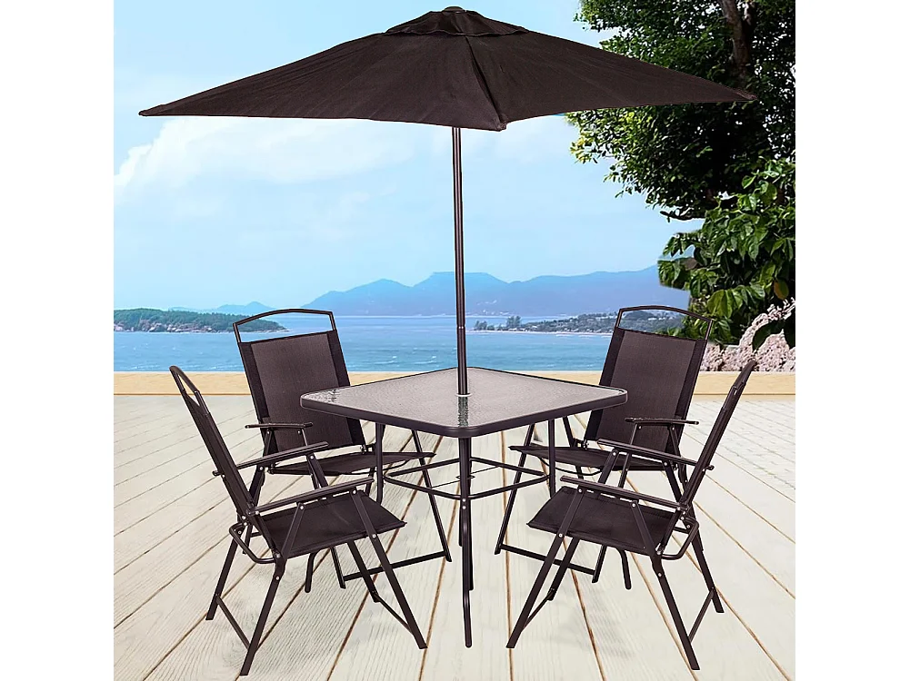 Set da Pranzo 6 Pezzi per Giardino Patio con Ombrellone 4 Sedie Pieghevoli Nero
