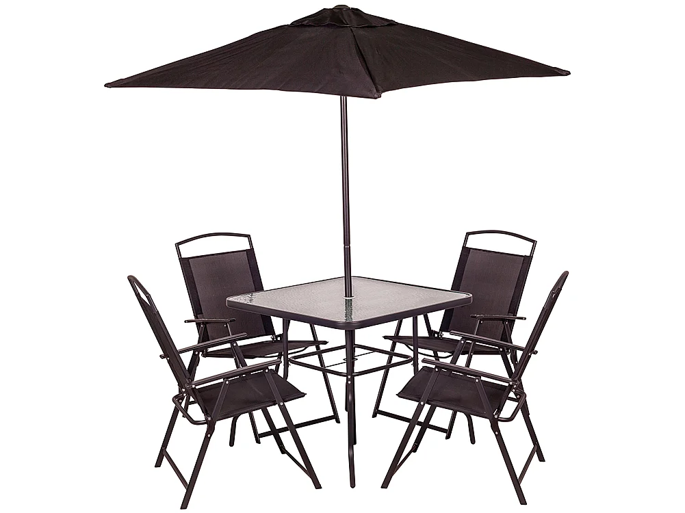 Set da Pranzo 6 Pezzi per Giardino Patio con Ombrellone 4 Sedie Pieghevoli Nero