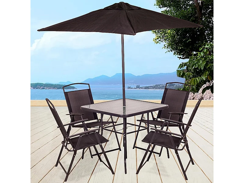 Set da Pranzo 6 Pezzi per Giardino Patio con Ombrellone 4 Sedie Pieghevoli Nero
