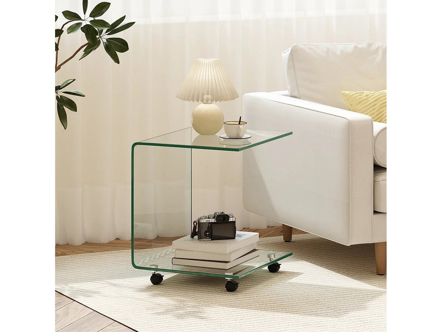 Table d'Appoint Latérale en C en Verre Trempé avec Étagère à 2 Niveaux & 4 Roulettes Pivotantes Verrouillables 40 x 45 x 48 CM Transparent