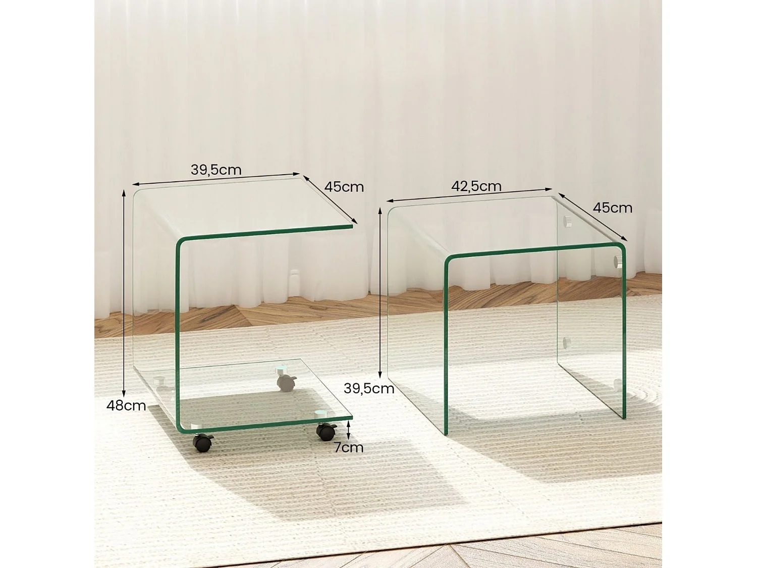 Table d'Appoint Latérale en C en Verre Trempé avec Étagère à 2 Niveaux & 4 Roulettes Pivotantes Verrouillables 40 x 45 x 48 CM Transparent