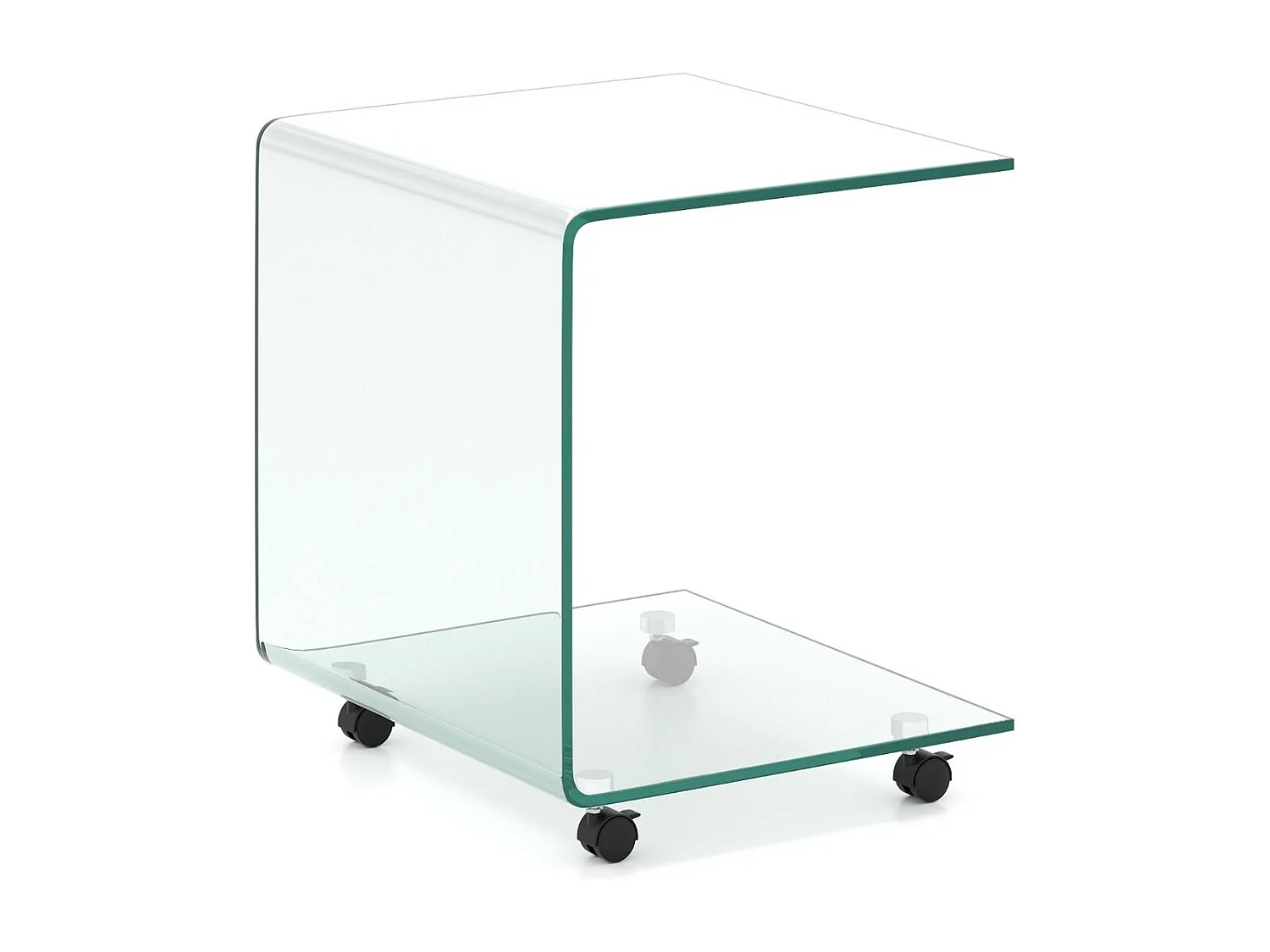 Table d'Appoint Latérale en C en Verre Trempé avec Étagère à 2 Niveaux & 4 Roulettes Pivotantes Verrouillables 40 x 45 x 48 CM Transparent