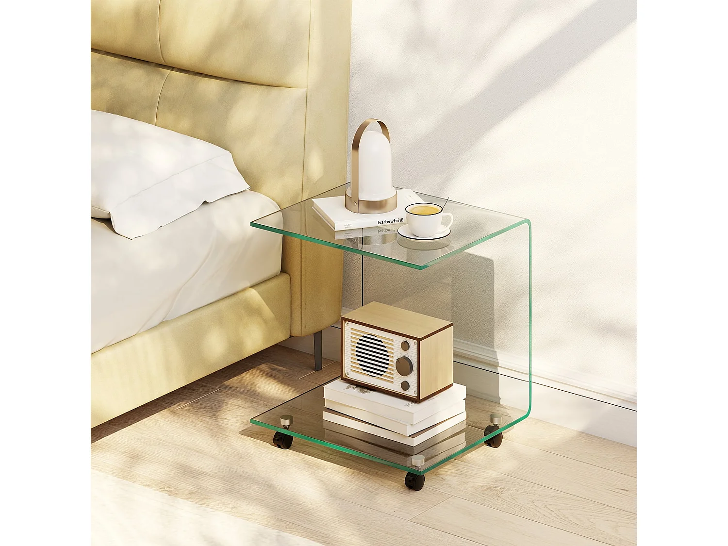 Table d'Appoint Latérale en C en Verre Trempé avec Étagère à 2 Niveaux & 4 Roulettes Pivotantes Verrouillables 40 x 45 x 48 CM Transparent